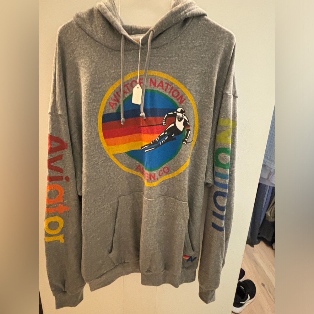 worn, once excellent condition gray aviator nation, hoodie size large